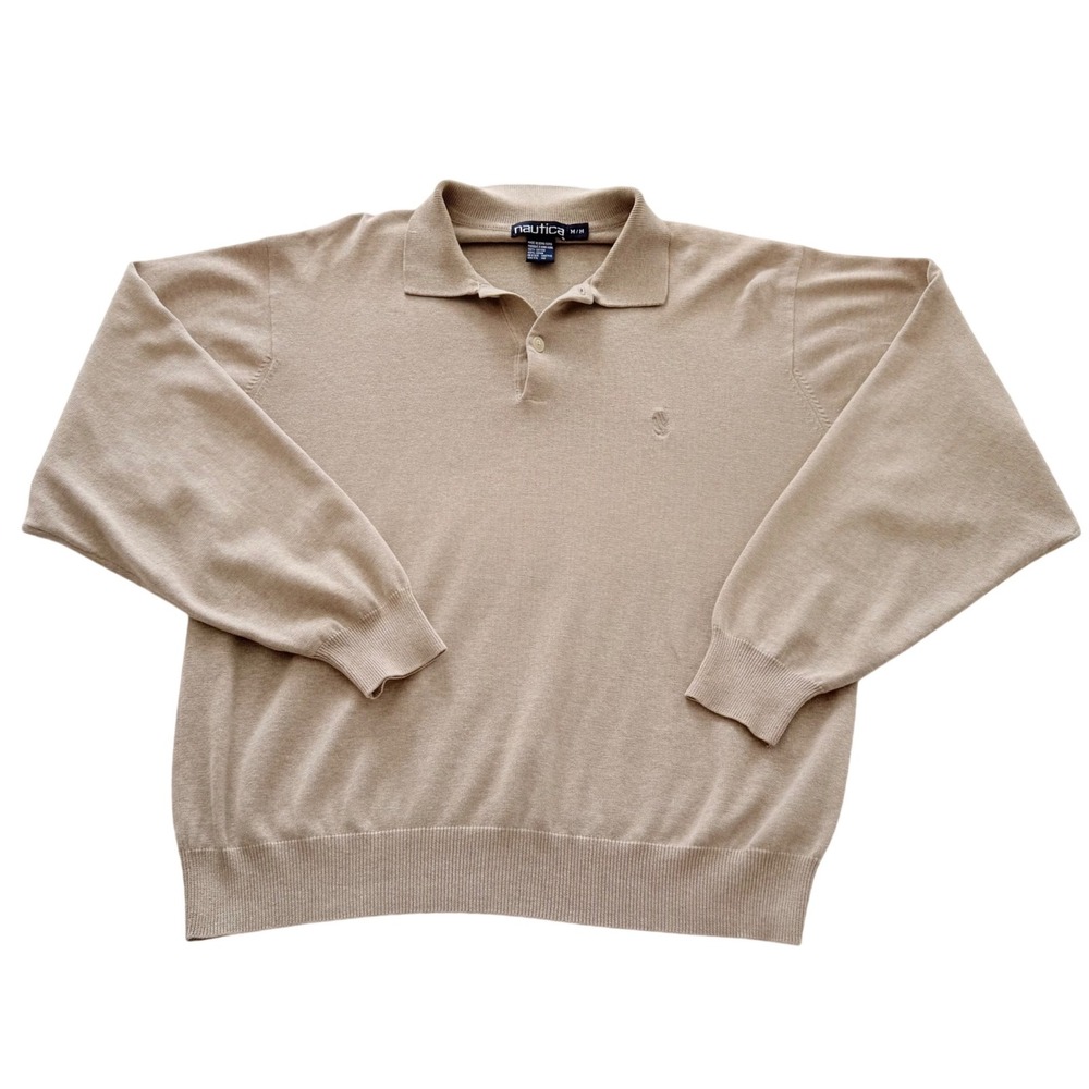 Vintage Nautica Sweater Polo Mens M Beige 100% Cotton Long Sleeve Knit Hong Kong